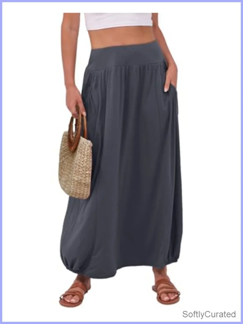 Women's Boho Flowy Maxi Skirt High Waist Elastic with Pockets Lightweight Summer